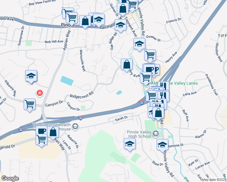 map of restaurants, bars, coffee shops, grocery stores, and more near in Pinole