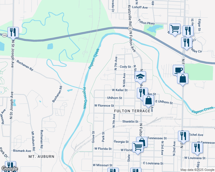 map of restaurants, bars, coffee shops, grocery stores, and more near 1600 Keller Street in Evansville