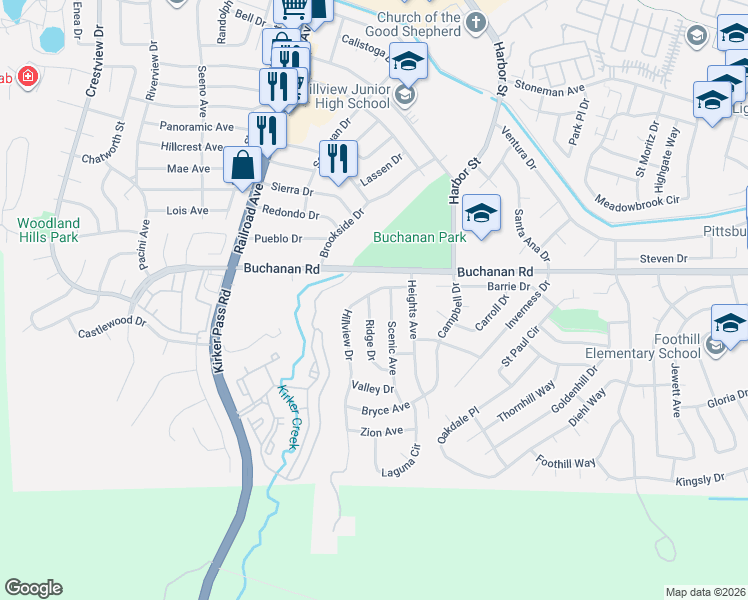 map of restaurants, bars, coffee shops, grocery stores, and more near 4223 Ridge Drive in Pittsburg