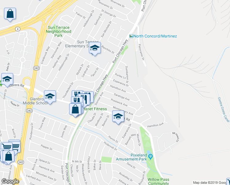 map of restaurants, bars, coffee shops, grocery stores, and more near 2549 Saratoga Avenue in Concord