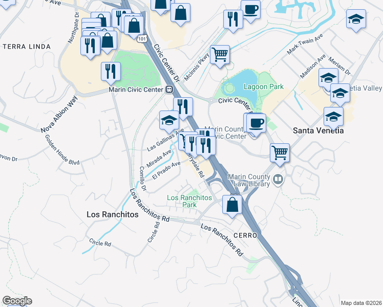 map of restaurants, bars, coffee shops, grocery stores, and more near 112 El Prado Avenue in San Rafael