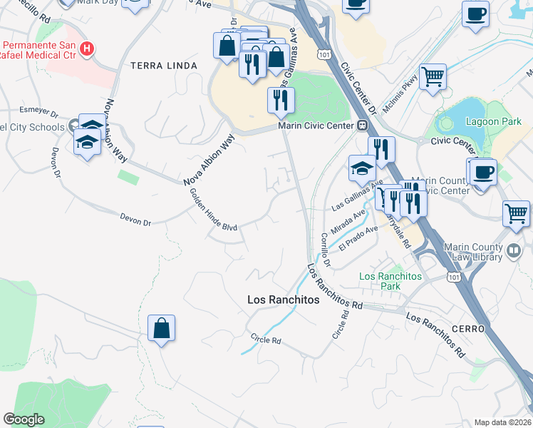 map of restaurants, bars, coffee shops, grocery stores, and more near Golden Hinde Blvd & Drakes Cove in San Rafael