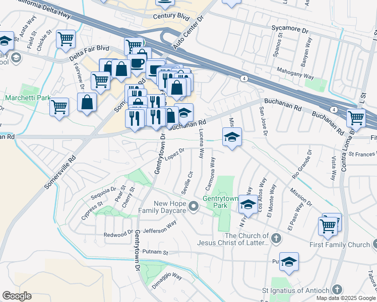 map of restaurants, bars, coffee shops, grocery stores, and more near 2800 Seville Circle in Antioch