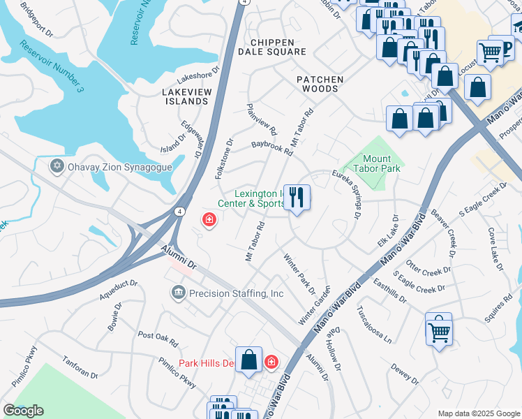 map of restaurants, bars, coffee shops, grocery stores, and more near 2800 Tilden Road in Lexington