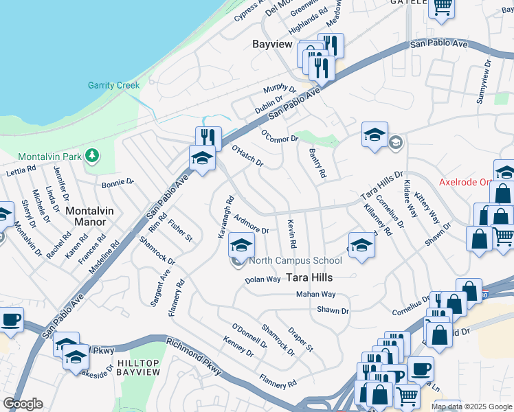 map of restaurants, bars, coffee shops, grocery stores, and more near 2618 Tara Hills Drive in San Pablo