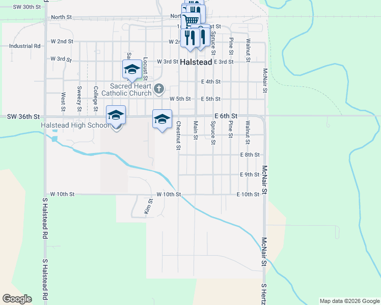 map of restaurants, bars, coffee shops, grocery stores, and more near 806 Main Street in Halstead