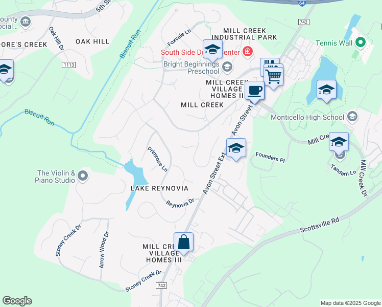 map of restaurants, bars, coffee shops, grocery stores, and more near 1420 Gray Stone Court in Charlottesville