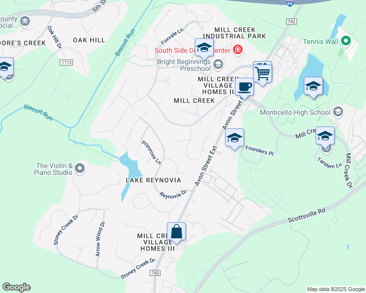 map of restaurants, bars, coffee shops, grocery stores, and more near 1420 Gray Stone Court in Charlottesville
