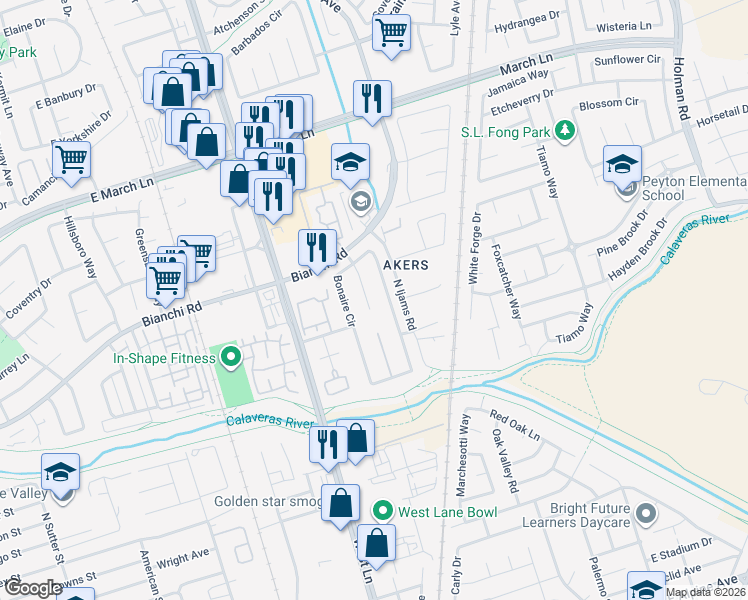 map of restaurants, bars, coffee shops, grocery stores, and more near 1637 Bonaire Circle in Stockton