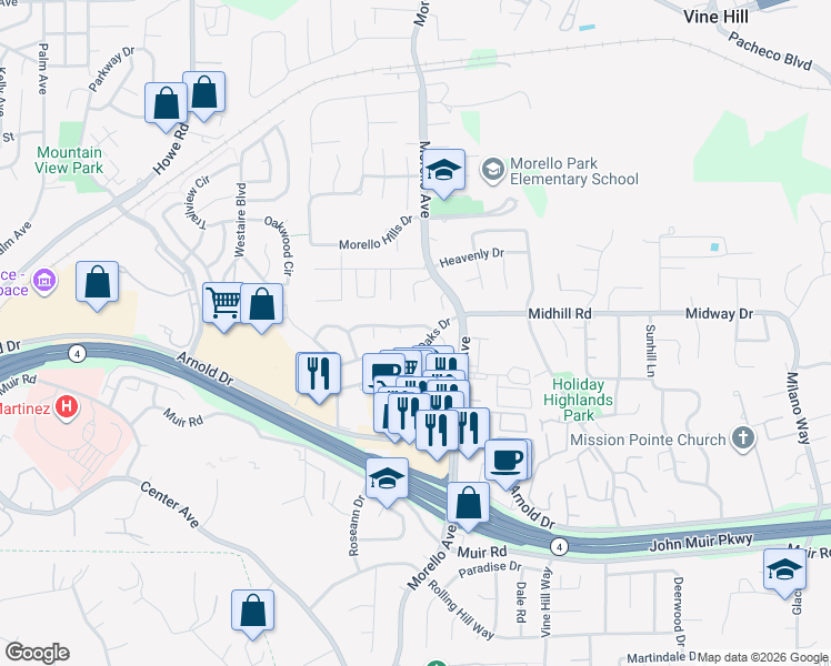 map of restaurants, bars, coffee shops, grocery stores, and more near 1066 Village Oaks Drive in Martinez