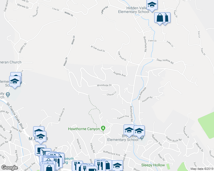 map of restaurants, bars, coffee shops, grocery stores, and more near 81 Woodside Drive in San Anselmo