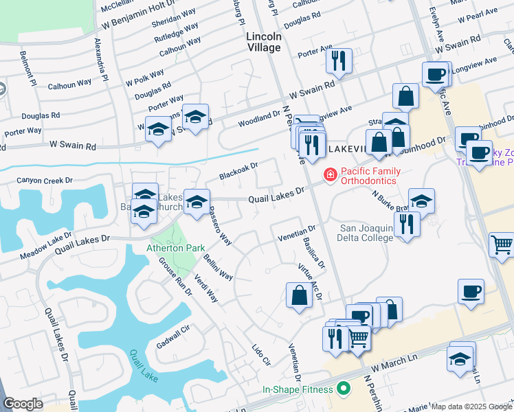 map of restaurants, bars, coffee shops, grocery stores, and more near 5531 Tree Swallow Court in Stockton
