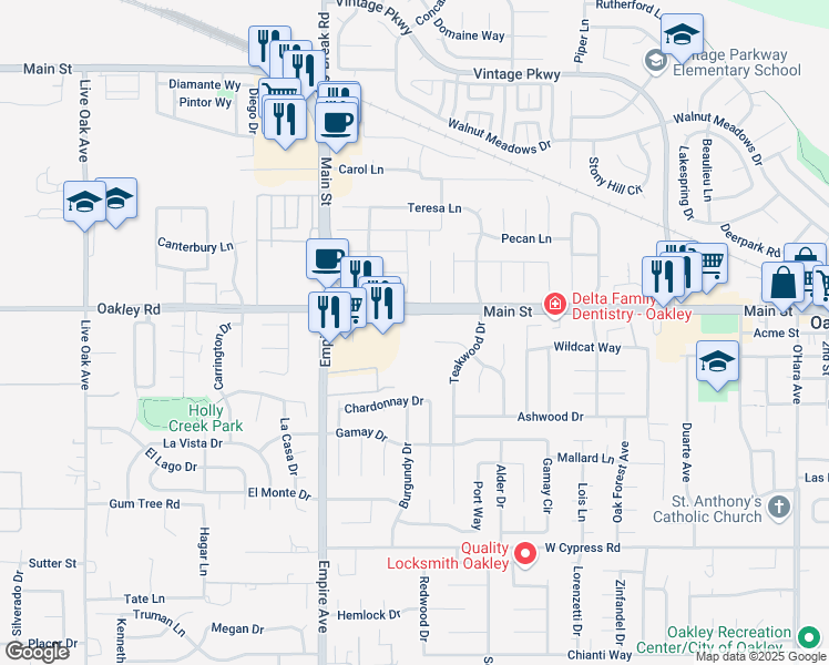 map of restaurants, bars, coffee shops, grocery stores, and more near 4950 Empire Avenue in Oakley
