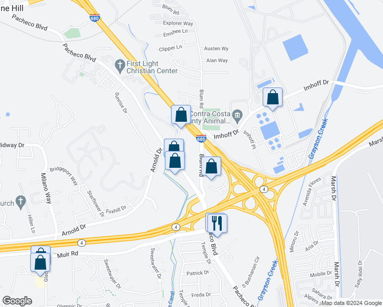 map of restaurants, bars, coffee shops, grocery stores, and more near 4970 Blum Road in Martinez