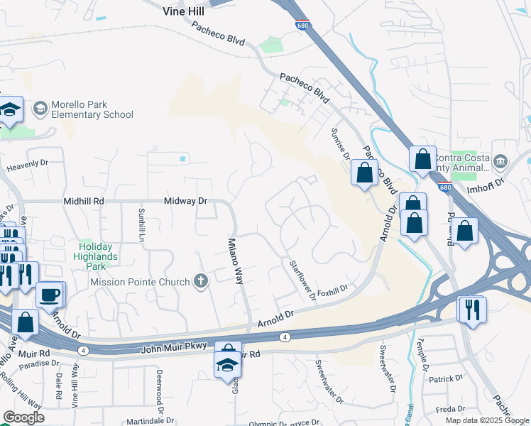 map of restaurants, bars, coffee shops, grocery stores, and more near 2414 Heatherleaf Lane in Martinez