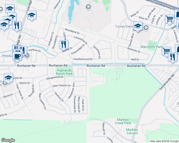 map of restaurants, bars, coffee shops, grocery stores, and more near 563 Silver Saddle Drive in Pittsburg