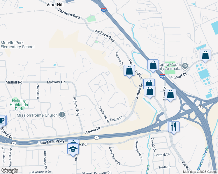 map of restaurants, bars, coffee shops, grocery stores, and more near 2514 Fern Leaf Lane in Martinez