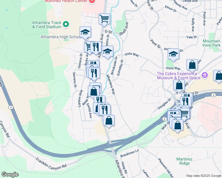 map of restaurants, bars, coffee shops, grocery stores, and more near 3814 Alhambra Way in Martinez