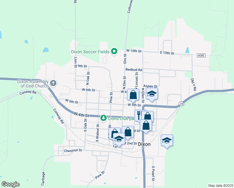 map of restaurants, bars, coffee shops, grocery stores, and more near 102 North Elm Street in Dixon