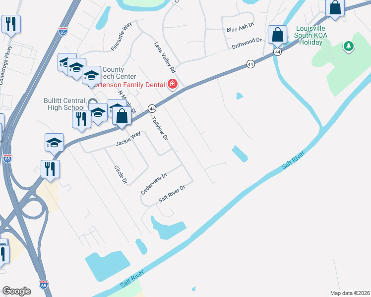 map of restaurants, bars, coffee shops, grocery stores, and more near 370 Tollview Drive in Shepherdsville