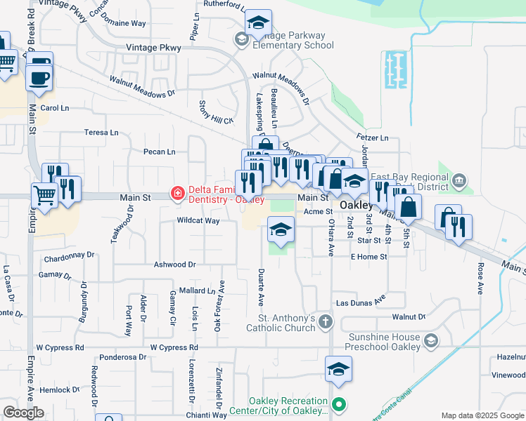 map of restaurants, bars, coffee shops, grocery stores, and more near 3231 Main Street in Oakley