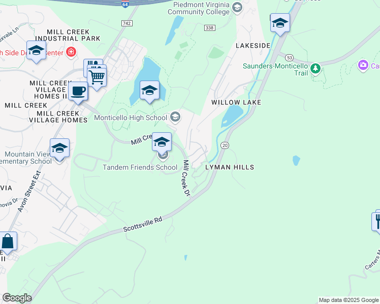 map of restaurants, bars, coffee shops, grocery stores, and more near 365 Stone Creek Point in Charlottesville