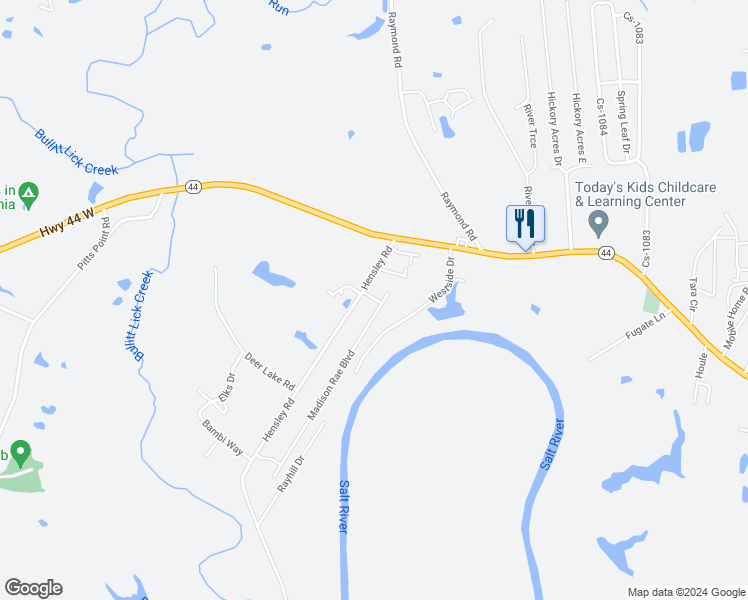 map of restaurants, bars, coffee shops, grocery stores, and more near 127 Hannah Way in Shepherdsville