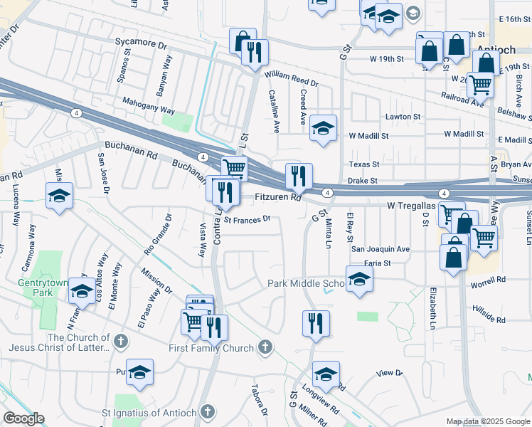 map of restaurants, bars, coffee shops, grocery stores, and more near in Antioch