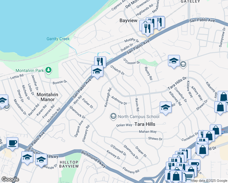 map of restaurants, bars, coffee shops, grocery stores, and more near 2573 Tara Hills Drive in San Pablo