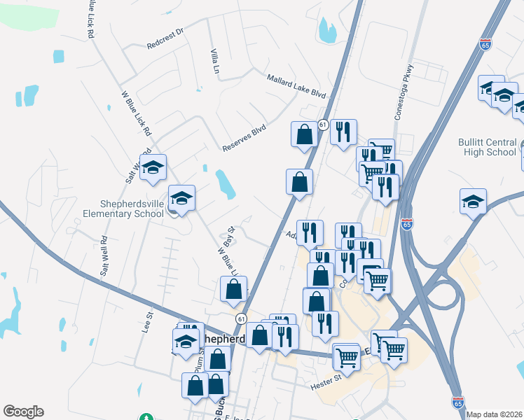 map of restaurants, bars, coffee shops, grocery stores, and more near 186 Bay Street in Shepherdsville