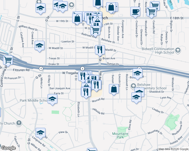 map of restaurants, bars, coffee shops, grocery stores, and more near 6 Wightman Court in Antioch