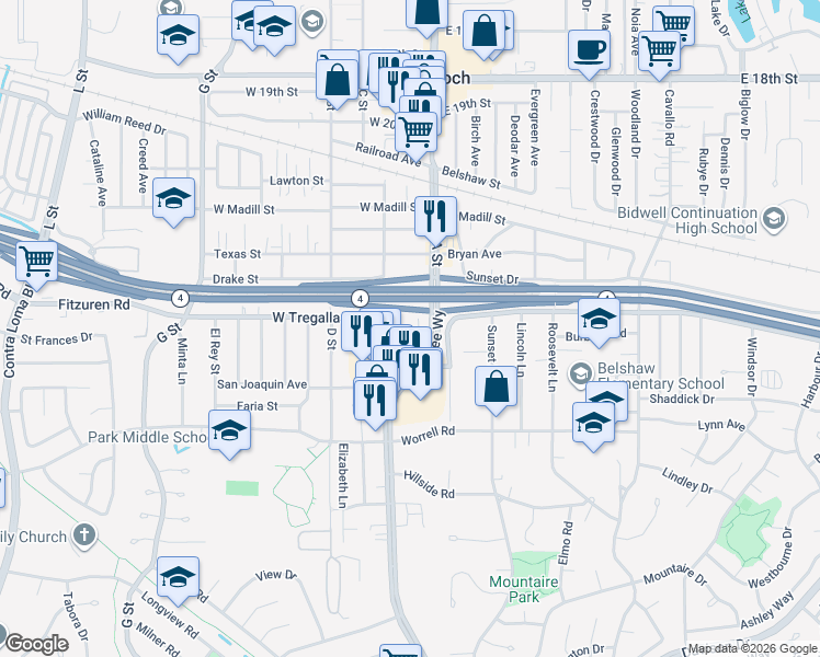 map of restaurants, bars, coffee shops, grocery stores, and more near 6 Wightman Court in Antioch