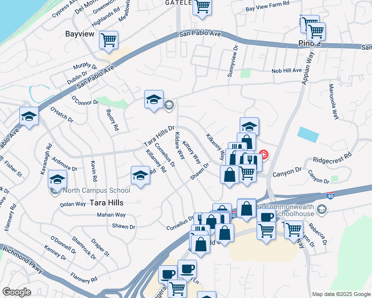 map of restaurants, bars, coffee shops, grocery stores, and more near 941 Kittery Way in Pinole