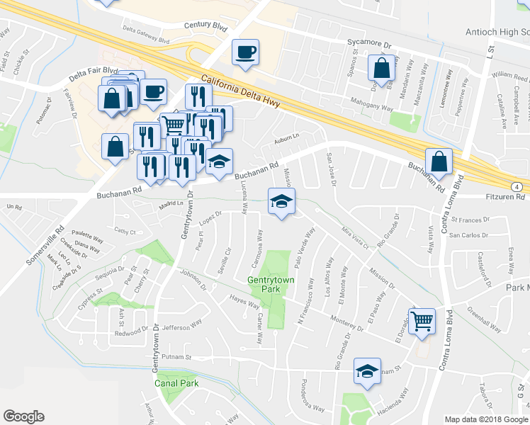 map of restaurants, bars, coffee shops, grocery stores, and more near 2801 Carmona Way in Antioch