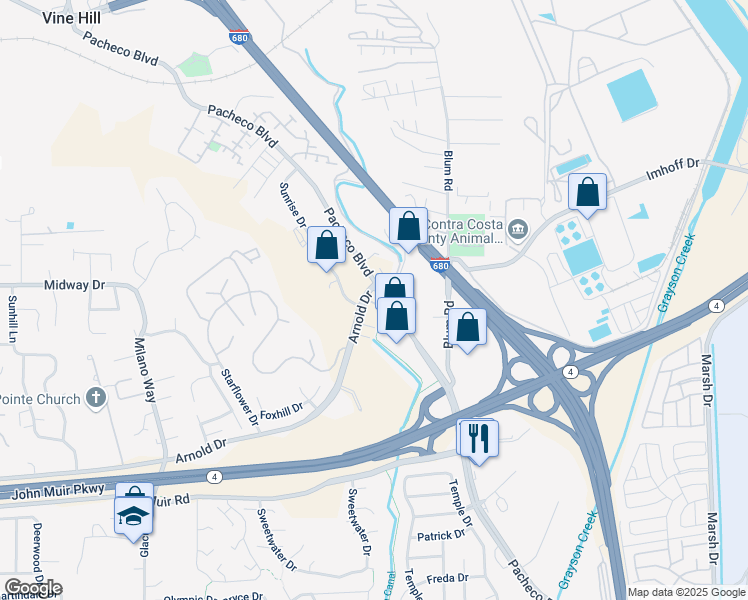 map of restaurants, bars, coffee shops, grocery stores, and more near 101 Tierney Place in Martinez