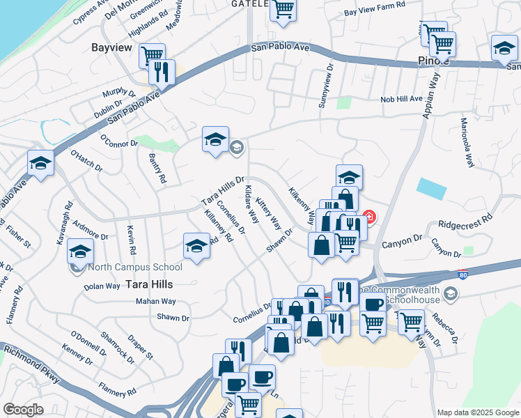 map of restaurants, bars, coffee shops, grocery stores, and more near 941 Kittery Way in Pinole