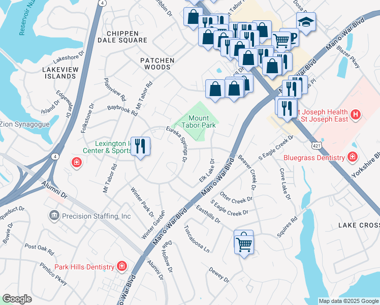 map of restaurants, bars, coffee shops, grocery stores, and more near 697 Eureka Springs Drive in Lexington