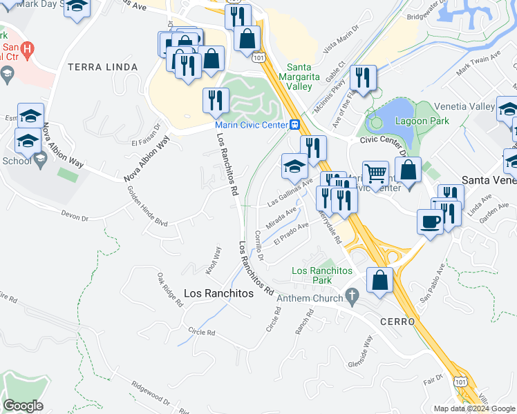 map of restaurants, bars, coffee shops, grocery stores, and more near Las Gallinas Ave & Corrillo Dr in San Rafael