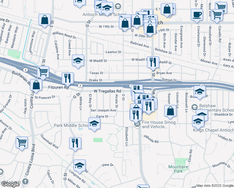 map of restaurants, bars, coffee shops, grocery stores, and more near Roosevelt Lane in Antioch
