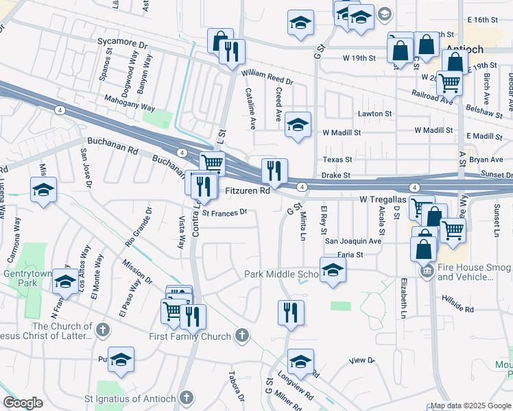 map of restaurants, bars, coffee shops, grocery stores, and more near 914 San Carlos Drive in Antioch