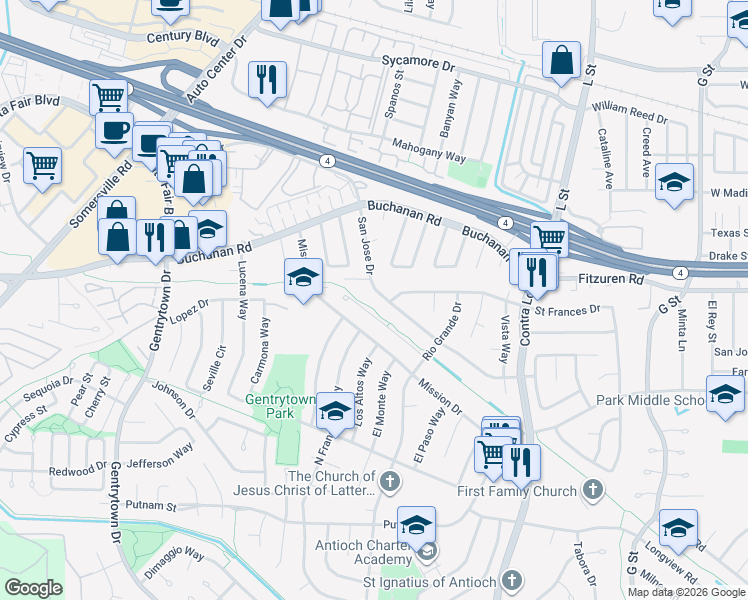 map of restaurants, bars, coffee shops, grocery stores, and more near 1417 San Jose Drive in Antioch