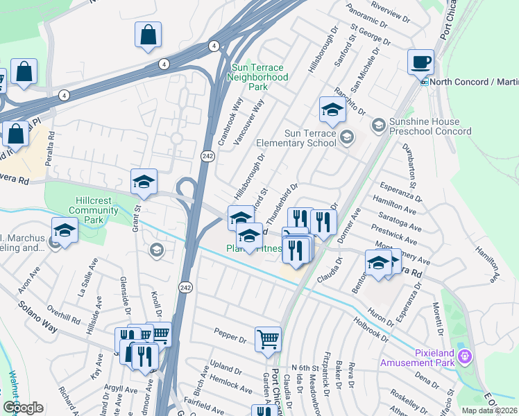 map of restaurants, bars, coffee shops, grocery stores, and more near 3406 Thunderbird Drive in Concord