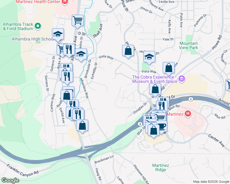 map of restaurants, bars, coffee shops, grocery stores, and more near 3460 Vista Oaks Drive in Martinez