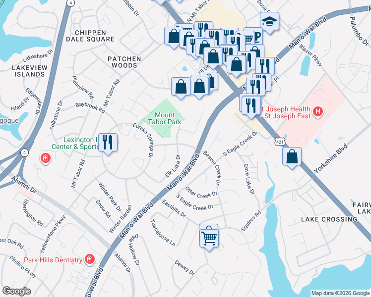 map of restaurants, bars, coffee shops, grocery stores, and more near 3212 Elk Lake Court in Lexington