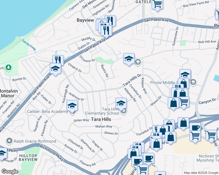 map of restaurants, bars, coffee shops, grocery stores, and more near 1 Kerry Court in San Pablo