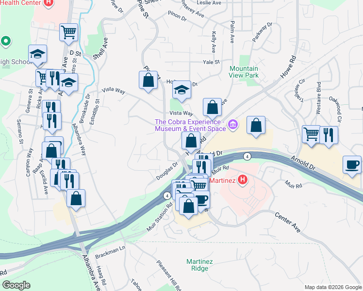 map of restaurants, bars, coffee shops, grocery stores, and more near 105 Via Cabrera Lane in Martinez