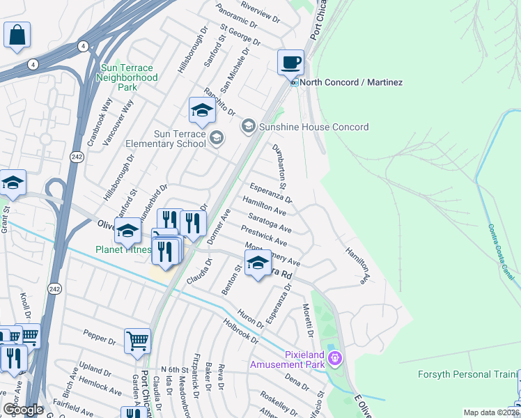 map of restaurants, bars, coffee shops, grocery stores, and more near 2572 Saratoga Avenue in Concord