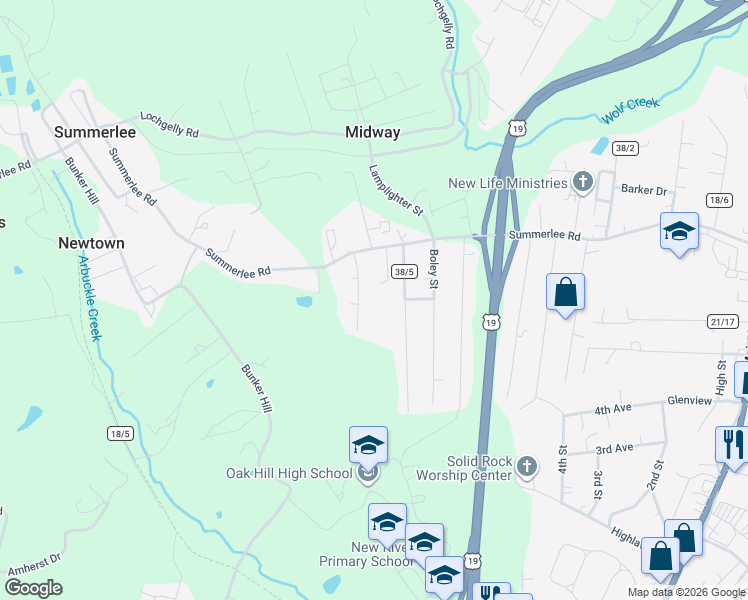map of restaurants, bars, coffee shops, grocery stores, and more near 143 Jordan Street in Oak Hill