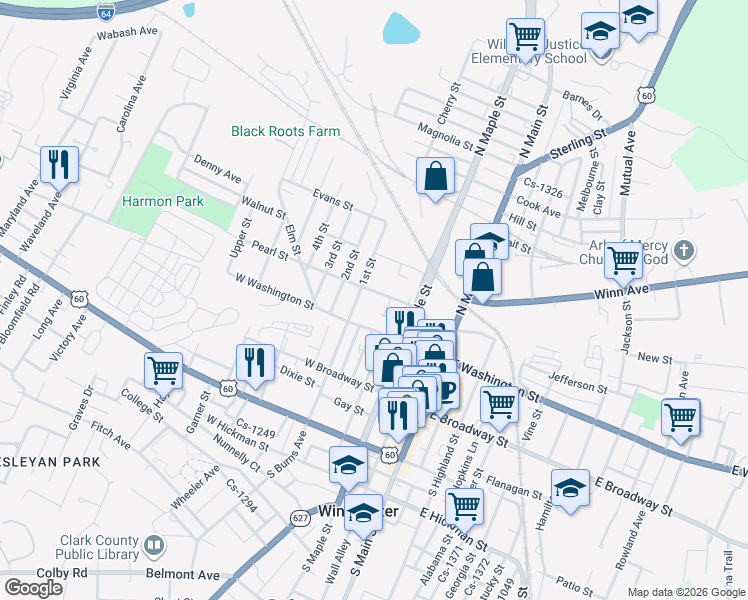 map of restaurants, bars, coffee shops, grocery stores, and more near 133 West Washington Street in Winchester