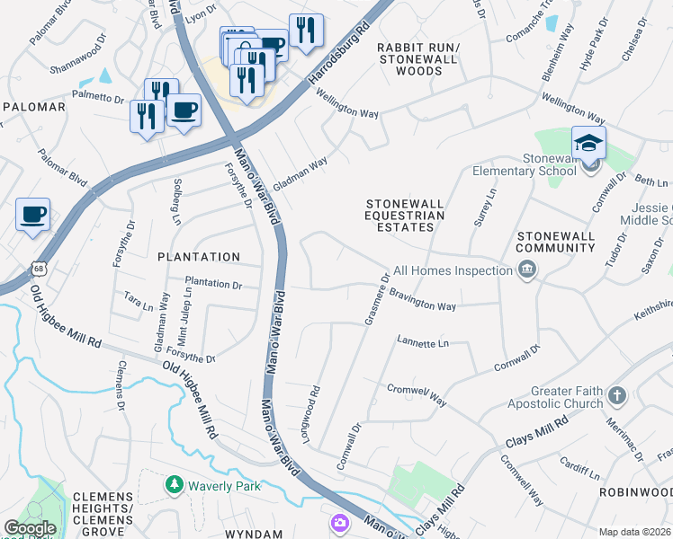 map of restaurants, bars, coffee shops, grocery stores, and more near 925 Bravington Way in Lexington